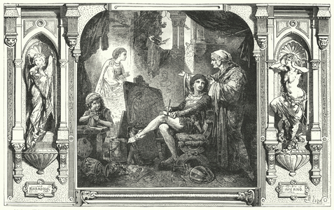 Dante Alighieri in the studio of Giotto, 14th Century (engraving)