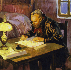 Dvorak wrote for long hours in his miserable lodgings (colour litho)