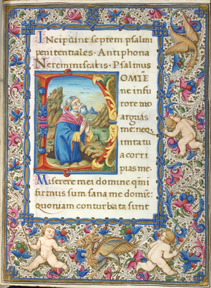 Historiated initial 'D'(omine) with David in penitence, and full foliate border with putti, a bird and a grotesque, at the beginning of the Penitential Psalms