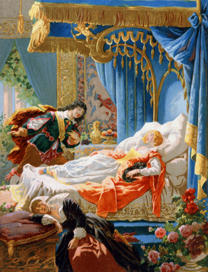 The Sleeping Beauty and charming prince, late 19th century (chromolithograph)