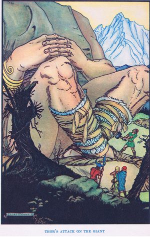 Thor's attack on the giant, from Myths from Many Lands pub.by The Waverley Book Co Limited, c.1920 (colour litho)