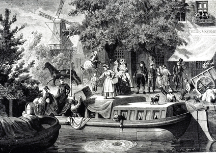Engraving depicting a Dutch canal scene. A barge prepares to transport a family with their belongings. In the background a windmill turns in the breeze, 19th century