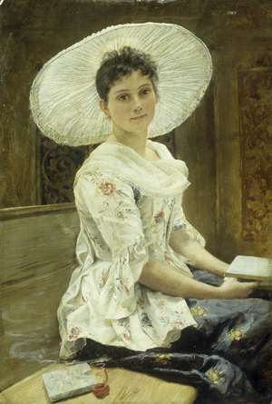 A Young Beauty in a White Hat (oil on canvas)