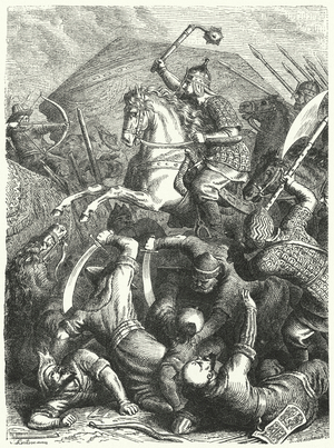 The Cossack military commander Yermak Timofeyevich in battle with the Tatars of Kuchum Khan (engraving)
