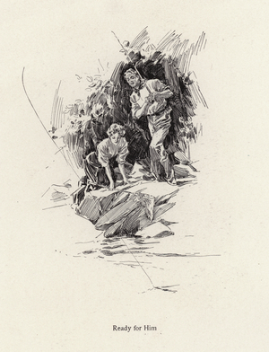 Man and woman fishing in a river or stream (litho)