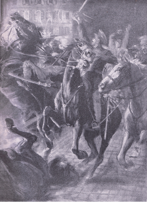 A night charge by British cavalry during the sweeping movement in October 2014, from History of the Great War Vol 3 published by Waverley Book Co Limited, c.1920 (litho)