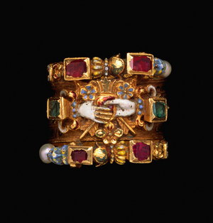 A rare and important Renaissance jewelled gold and enamel dated marriage ring, c.1610 (gold, enamel)
