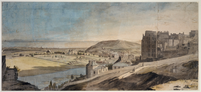 Figures walking on a path in the foreground; Allan Ramsay's house in the middle ground on the edge of a hill; buildings, hills and trees throughout the scene; the Firth of Forth in the distance