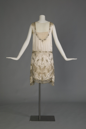 Wedding dress, 1927 (back view), Silk satin, chiffon, rhinestones, glass beads, Blum's Vogue, Chicago