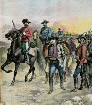 Leander Starr Jameson taken prisoner by General Cronje at the Transval in 1896 (Engraving)