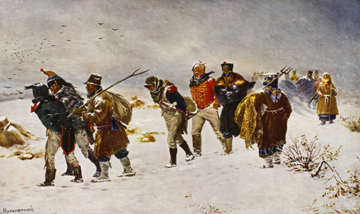 Soldiers in the snows of Russia (colour litho)