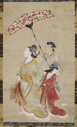 Prostitute with Attendants on Parade, c.1695 (ink, colour & gofun on paper)