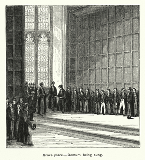 Winchester College: Grace place, Domum being sung (engraving)