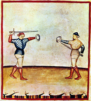 Iraq / Italy: Exercise - men fencing or duelling. Illustration from Ibn Butlan's Taqwim al-sihhah or 'Maintenance of Health' (Baghdad, 11th century) published in Italy as the Tacuinum Sanitatis in the 14th century