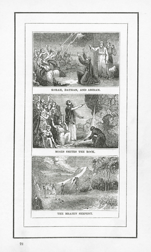 Korah, Dathan, And Abiram; Moses Smites The Rock; The Brazen Serpent (engraving)