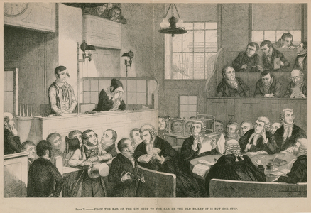 From the Bar of the Gin Shop to the Bar at the Old Bailey is but one step (engraving)
