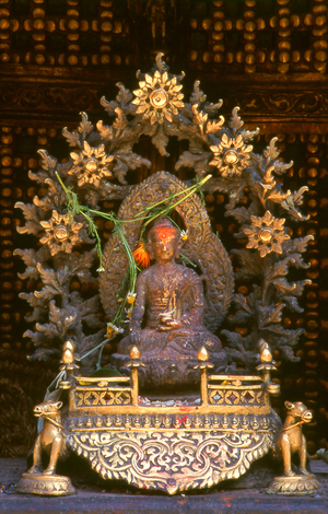Nepal: Buddha figure at the Golden Temple (Hiranyavarna Mahavihara), Patan, Kathmandu Valley (1998)