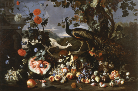 A Peacock and a Penhen with Fruit and Flowers in a Park,  (oil on canvas)
