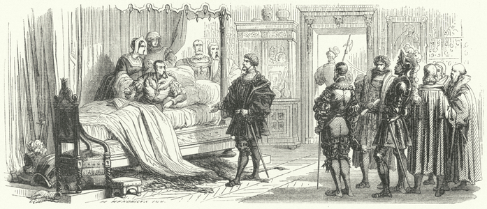 Meeting between the Holy Roman Emperor Charles V and his prisoner, King Francis I of France, in Madrid, 1525 (engraving)