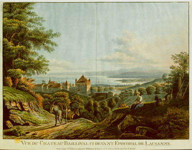 A woman rests sitting by a road under the trees, with two goats next to her on the right and two donkeys on the left in the foreground. A view of Baillival Castle in Lausanne and Lake Geneva in the background