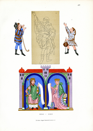 Figure Depictions and Courtly Scene from the Romanesque Period (chromolitho)