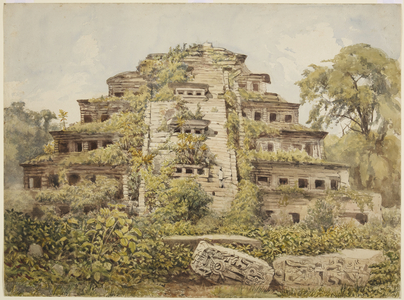 Painting of ruined temple (Pyramid of the Niches) at El Tajin, Papantla, Mexico (w/c)