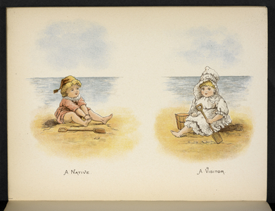 A native. A vistor.Two children on a beach.The Holiday Painting Book. Constance Haslewood.London, 1890