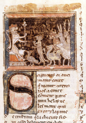 The lion and his court, illumination for Roman de Renart, 13th century