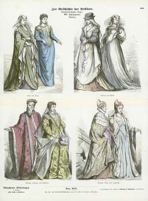 Italian costumes, 16th Century (coloured engraving)