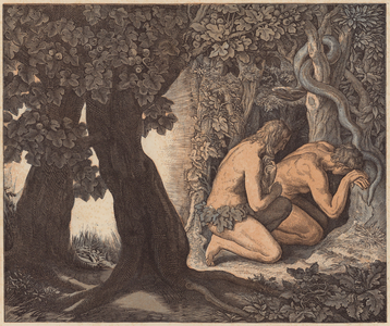 Adam and Eve hiding in the Garden, Genesis, III, 8 (coloured engraving)