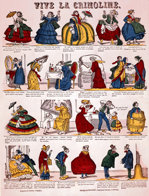 Cartoon about crinoline in France, 1850-1870, engraving