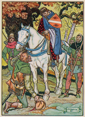 Robin Hood welcomes the sorrowful knight (colour litho)