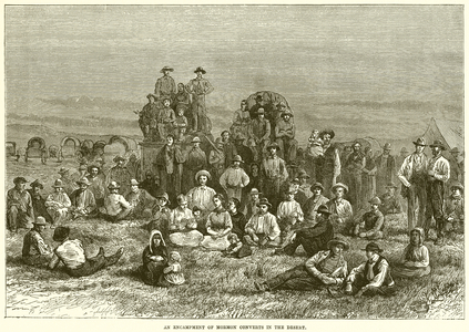 An encampment of Mormon converts in the desert (engraving)