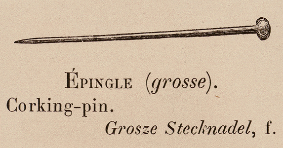 Le Vocabulaire Illustre: Epingle (grosse); Corking-pin; Grosze Stecknadel (engraving)