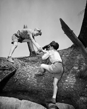 Boy helping his friend climb a fallen tree