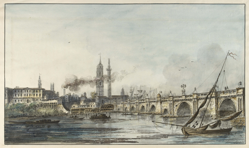 View across the Thames towards the Church of St Magnus and the Monument with London Bridge on the right (pen and black ink with watercolour and white bodycolour on pale cream wove paper)