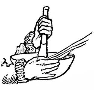 A woodblock engraving depicting hands using a pestle and mortar, 18th century