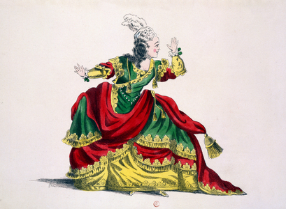 Miss Sainval as Zenobie in 'Zenobie and Rhadamisthe', facsimile by Guillaumot fils (hand-coloured engraving)
