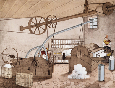 Workshop of cotton mill, France, engraving, 19th century
