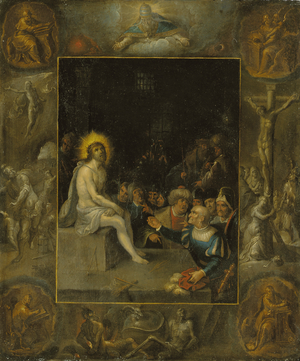 The Mocking of Christ, in a grisaille surround depicting God the Father, the Evangelists, The Crucifixion, The Resurrection and The Devil and Death with the Crowned Serpent (oil on copper)
