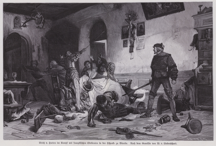 Ulrich von Hutten, German knight of the Holy Roman Empire, fighting five French noblemen who had insulted the Emperor Maximilian I, Viterbo, Italy, 1516 (engraving)