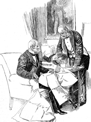 A London Club waiter serving a member with a drink, 1850