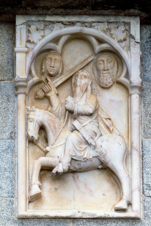 Medieval art: Relief of Geraldo Sem Pavor - Cathedral, Evora, Portugal