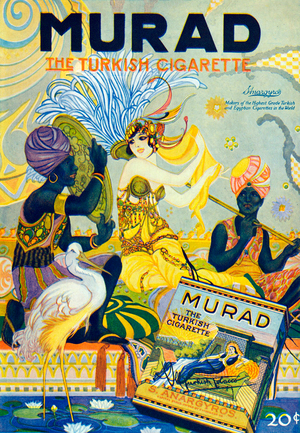 USA: Advertisement for 'Murad' brand Turkish cigarettes featuring Orientalist themes, Sosterios Anargyros, New York, c. 1915 (poster)
