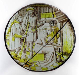 Depicting a St James pilgrim enters a hostel, (stained glass)