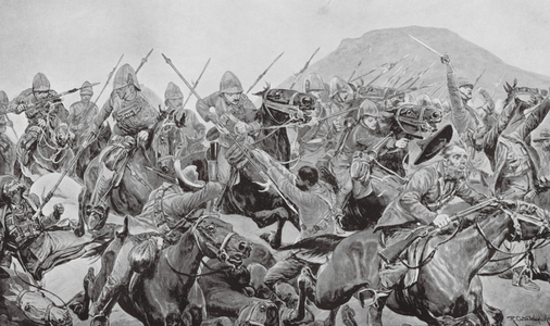 Charge of the 5th Lancers at Elandslaagte (litho)