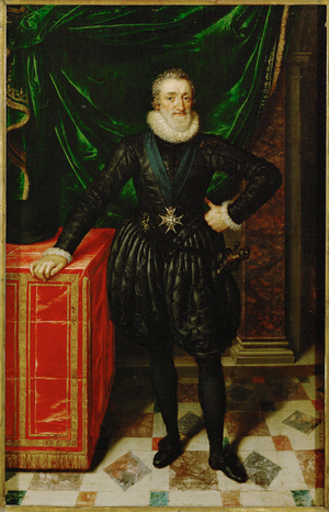 Henri IV, King of France, in black court robes …
