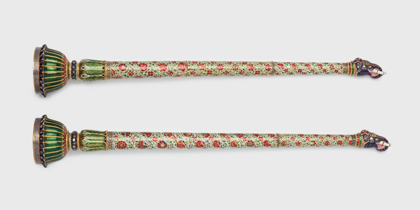 Pair of flywhisk handles, Jaipur, c.1850-75 (gold, enamel, diamonds & rubies)