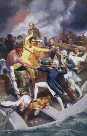 Nelsons conflict with a Spanish Launch, 3 July 1797 (colour litho)