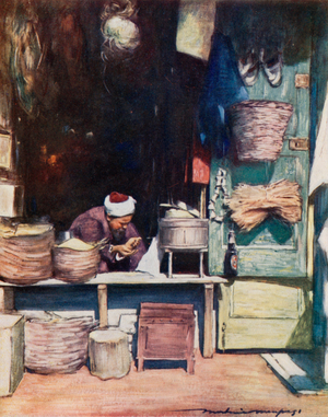 A Seed Stall, Delhi (colour litho)